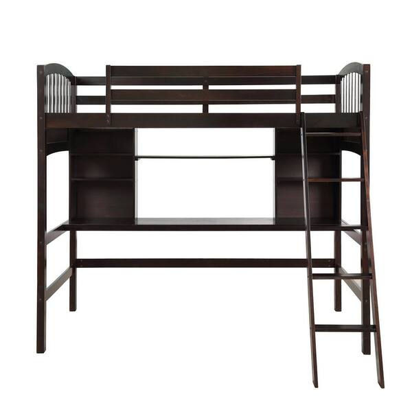 Espresso Wood Twin Size Loft Bed With Storage Shelves And Desk And Ladder Gz B2w2318