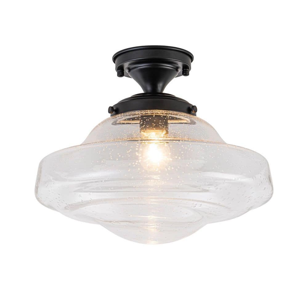 Schoolhouse 1-Light 12.99 in. Globe Matte Black Semi-Flush Mount with Seedy Glass for Foyer Kitchen price history on PriceWatchPro