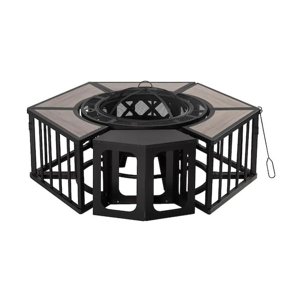 INMITOM 51 in. Wood-Burning Fire Pit with Grill and Wood-Grain Side Tables Includes Lids Fire Poker - Perfect for Outdoor BBQs