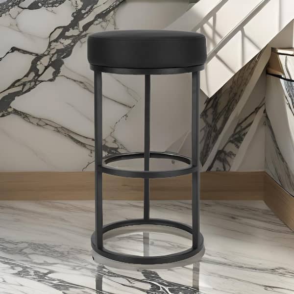 Benjara 30 in. Black Backless Metal Frame Bar Stool with Faux Leather Seat