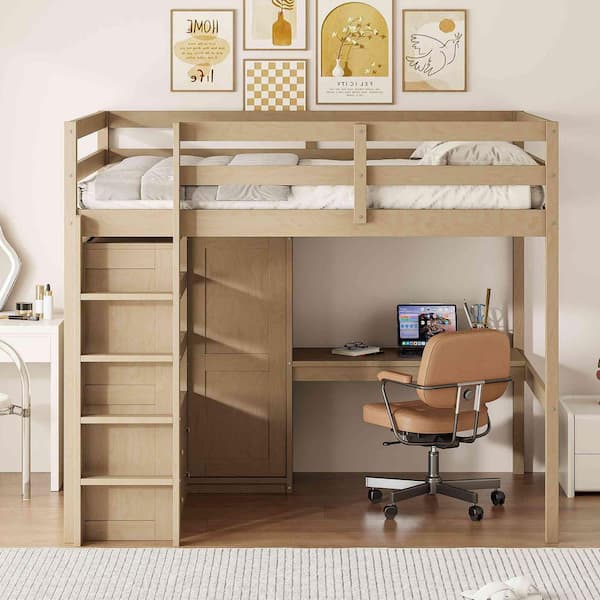 Walnut Full Size Wood Loft Bed with Built-in Wardrobe, Desk, Storage Shelves and Drawers