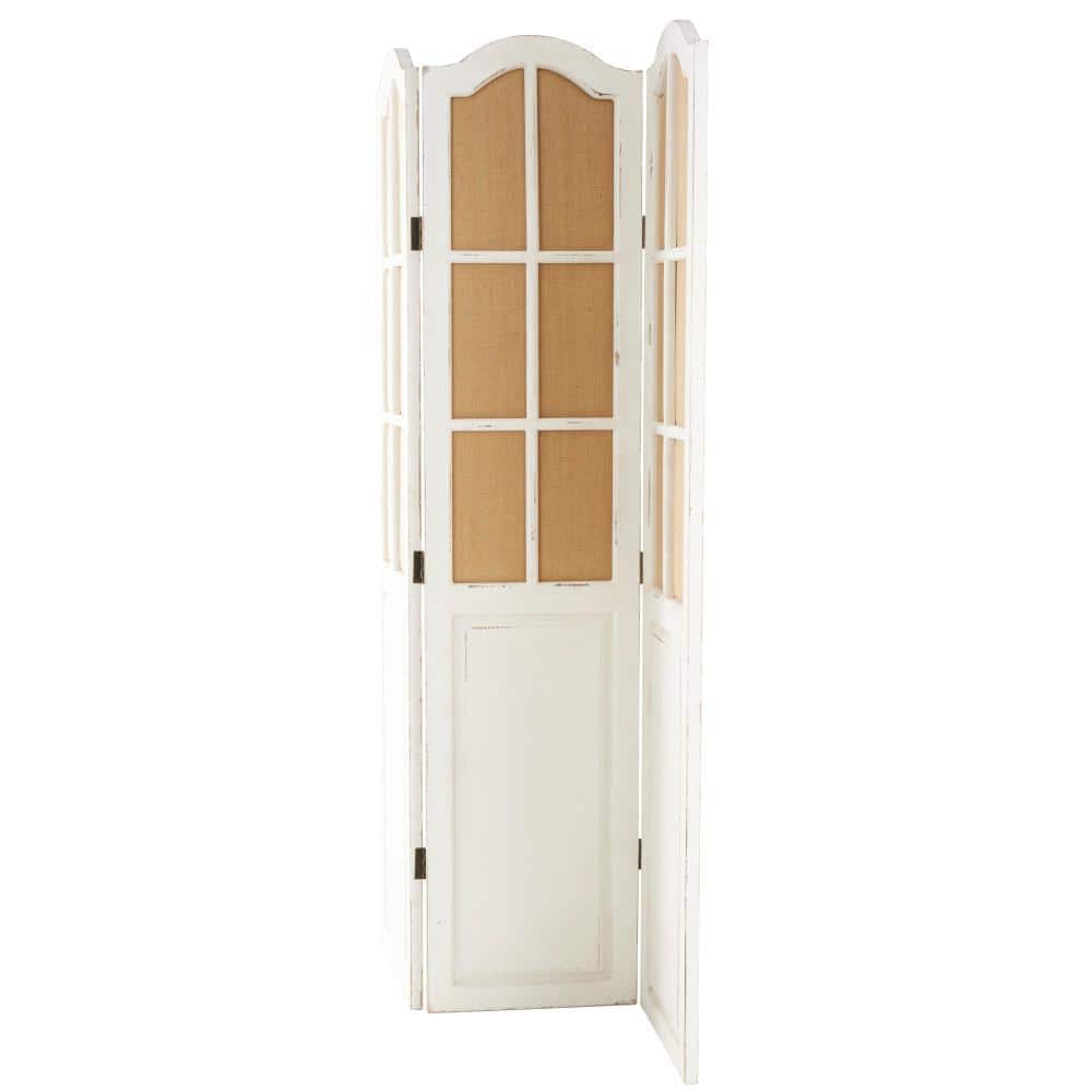 Beige and White Fir Wood Triple Panel Folding Privacy Screen