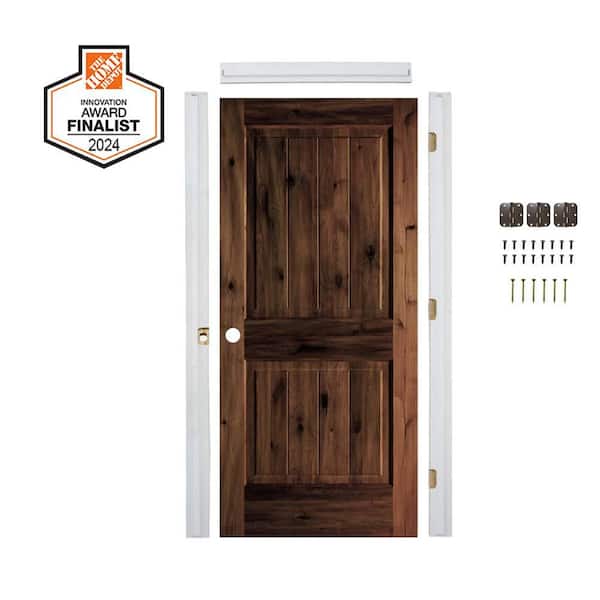 DIY 24 in.x 80 in. Alder Sq.Top VG Right-Hand Red Mahogany Stain Wood Single Interior Door Kit w/ Quick Assemble Jamb