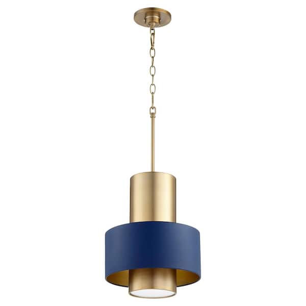 quorum Cylinder Drum 1-Light Pendant - Blue/Aged Brass