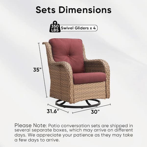 4-Piece Yellow Swivel Glider Wicker Outdoor Rocking Chair with Red Cushions and Curved Armrest