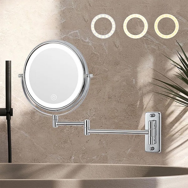8 in. W x 8 in. H Round LED Vanity Mirror with 3-Color Wall Mounted Bathroom Makeup Mirror 1X/7X Magnification in Chrome