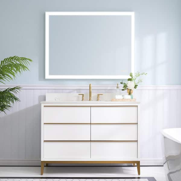 ANGELES HOME 48 in. W x 22 in. D x 35 in. H Solid Wood Bath Vanity in White with White Quartz Top Single Sink White Mirror with Light