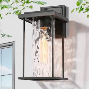 13.4 in. Modern Black 1-Light Outdoor Wall Lantern Sconce with Wavy Glass Shade Porch Wall Light for Patio Garden