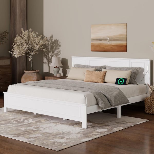 White Wood Frame King Size Platform Bed with Tall-panel Headboard & Footboard,strengthened Bed Frame