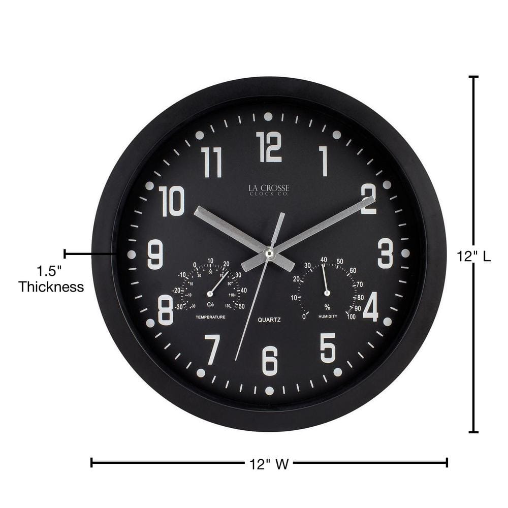 La Crosse 12'' Black Analog Wall Clock with Temperature and Humidity