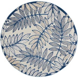 Aloha Ivory/Navy 4 ft. x 4 ft. Round Floral Contemporary Indoor/Outdoor Patio Area Rug
