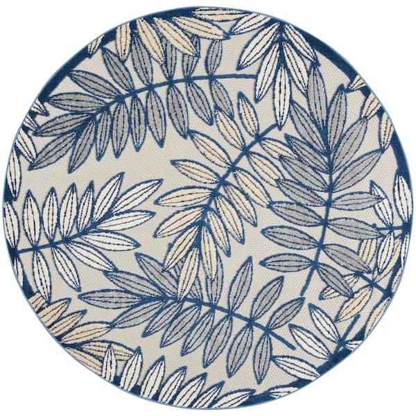 Nourison Aloha Ivory/Navy 5 ft. x 5 ft. Round Floral Contemporary Indoor/Outdoor Patio Area Rug