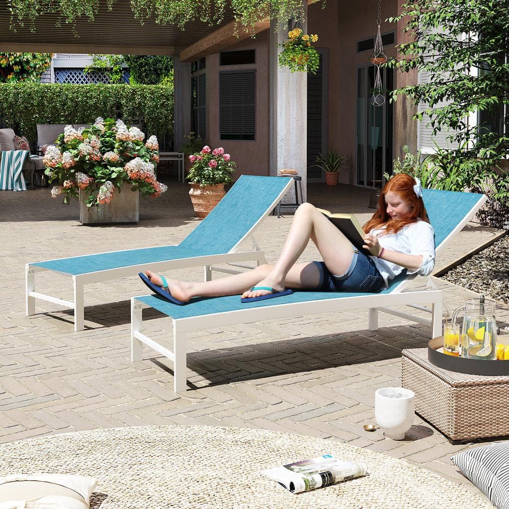 Set of 2 Blue Aluminum Adjustable Outdoor Chaise Lounges