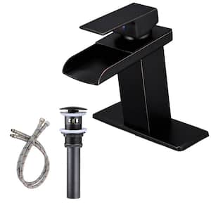 Single-Handle Single-Hole Brass Waterfall Bathroom Faucet with Drain Kit and Deckplate Included in Oil Rubbed Bronze