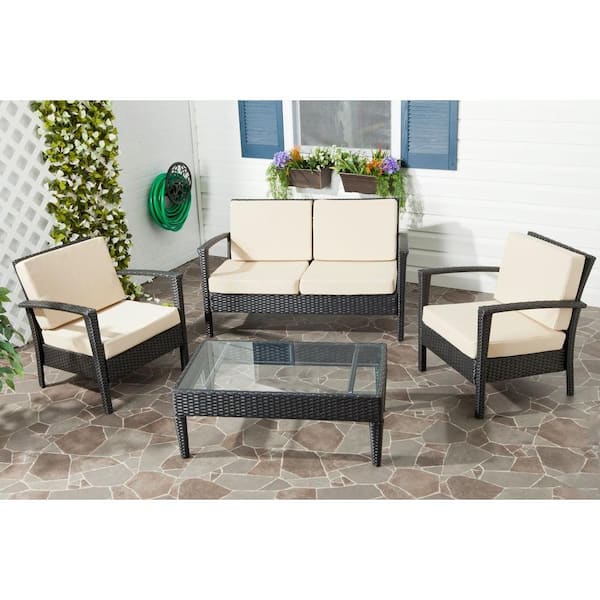 SAFAVIEH Piscataway Charcoal 4-Piece Wicker Patio Conversation Set with Beige Cushions