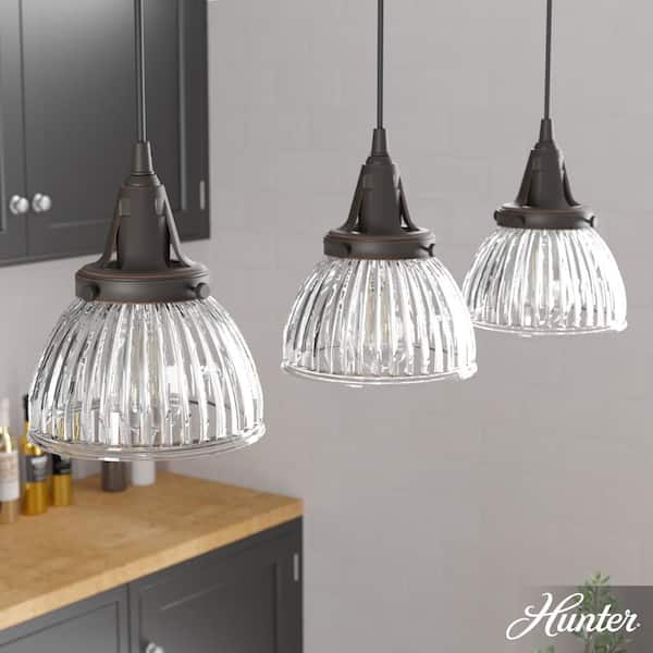 Hunter Cypress Grove 3 Light Onyx Bengal Island Chandelier with Clear Holophane Glass Shades Kitchen Light