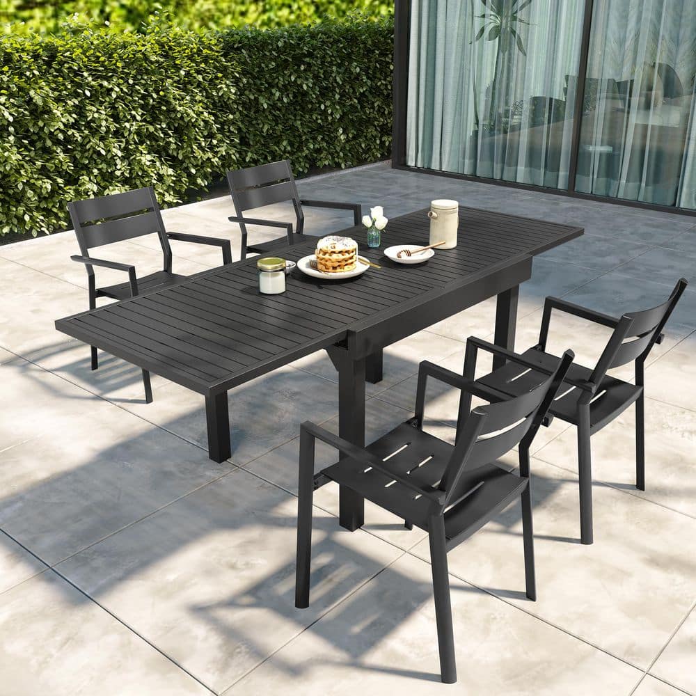 5 Pieces Black Aluminum Rectangular Outdoor Dining Set with Extendable Table and Stackable Armchairs