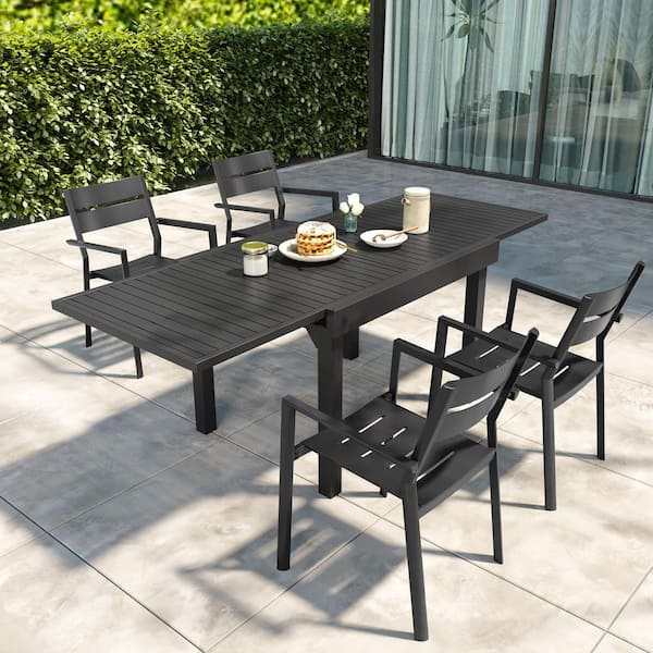 5 Pieces Black Aluminum Rectangular Outdoor Dining Set with Extendable Table and Stackable Armchairs