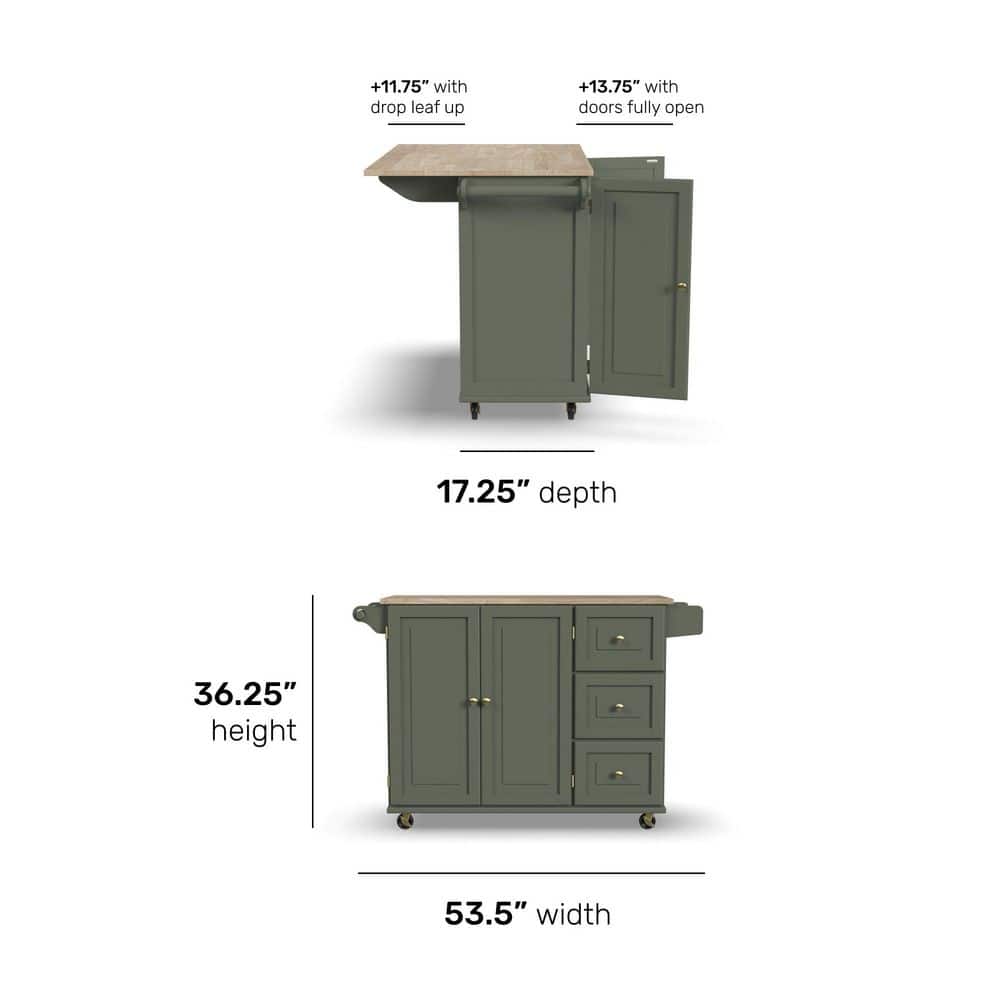 Sage Green Wood Kitchen Cart with Storage and Spice Rack