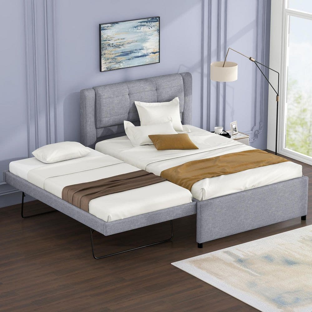 Gray Wood Frame Full Size Upholstery Platform Bed with Adjustable Height Trundle