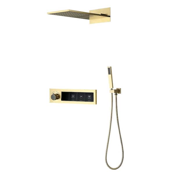 WELLFOR 4-Spray Dual Wall Mount Fixed and Handheld Shower Head 1.59 GPM in Brushed Gold LED Digital Display Thermostatic Shower