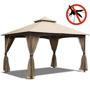 10 ft. x 13 ft. Brown Metal Frame Double Roof Soft Top Patio Gazebo Canopy Tent for Deck Backyard and Garden Lawns