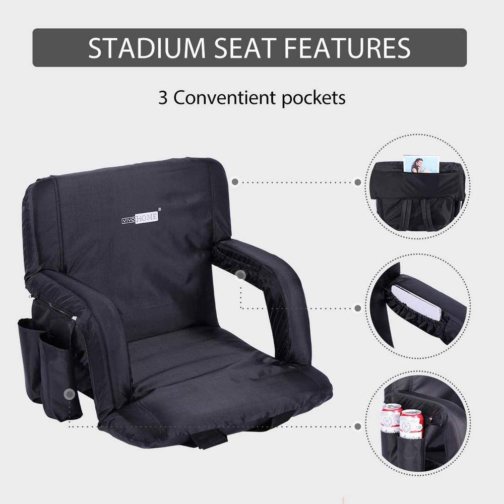 Black 20'' Portable Reclining Stadium Seat Chairs with Armrests, Set of 2