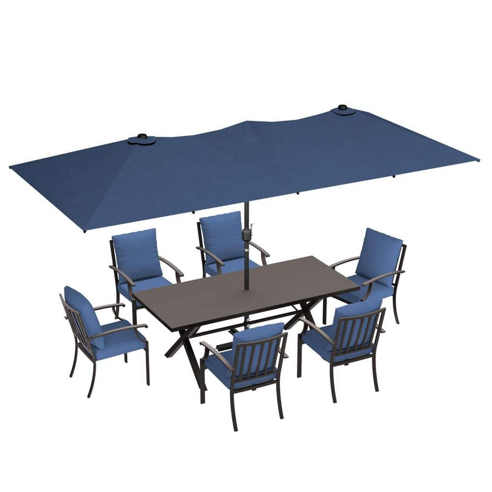 8-Piece Metal Patio Outdoor Dining Set with 6 Chairs, Large Table, Center-Pole Umbrella and Navy Blue Cushions price history on PriceWatchPro