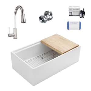 Bradstreet II 33 in. Farmhouse Undermount Single Bowl White Fireclay Workstation Kitchen Sink with Pfister Faucet Kit