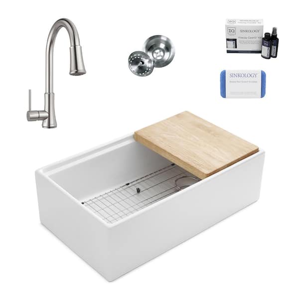 Bradstreet II 33 in. Farmhouse Undermount Single Bowl White Fireclay Workstation Kitchen Sink with Pfister Faucet Kit
