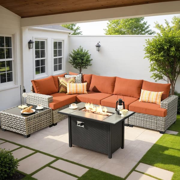 OVIOS Tiberte Gray 7-Piece Wicker Patio Rectangle Fire Pit Conversation Set with Orange Red Cushions