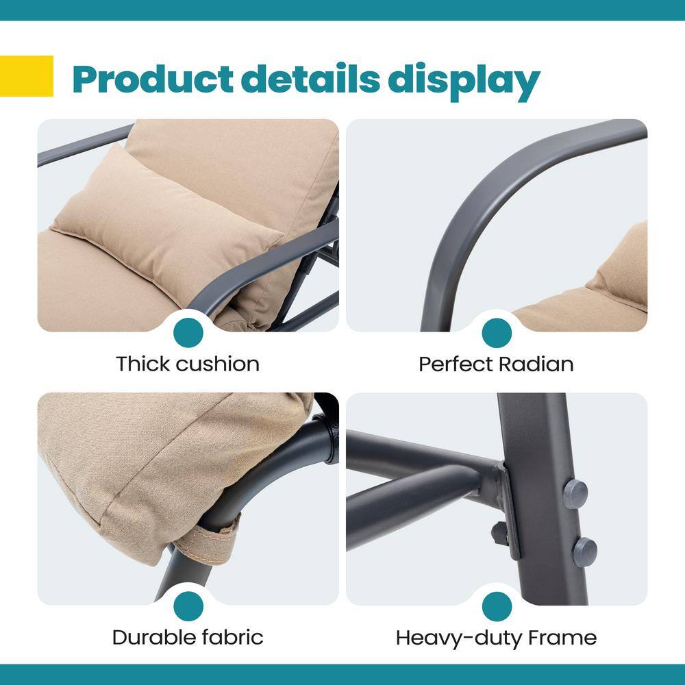 Tan Adjustable Steel Frame Outdoor Chaise Lounge with Cushion