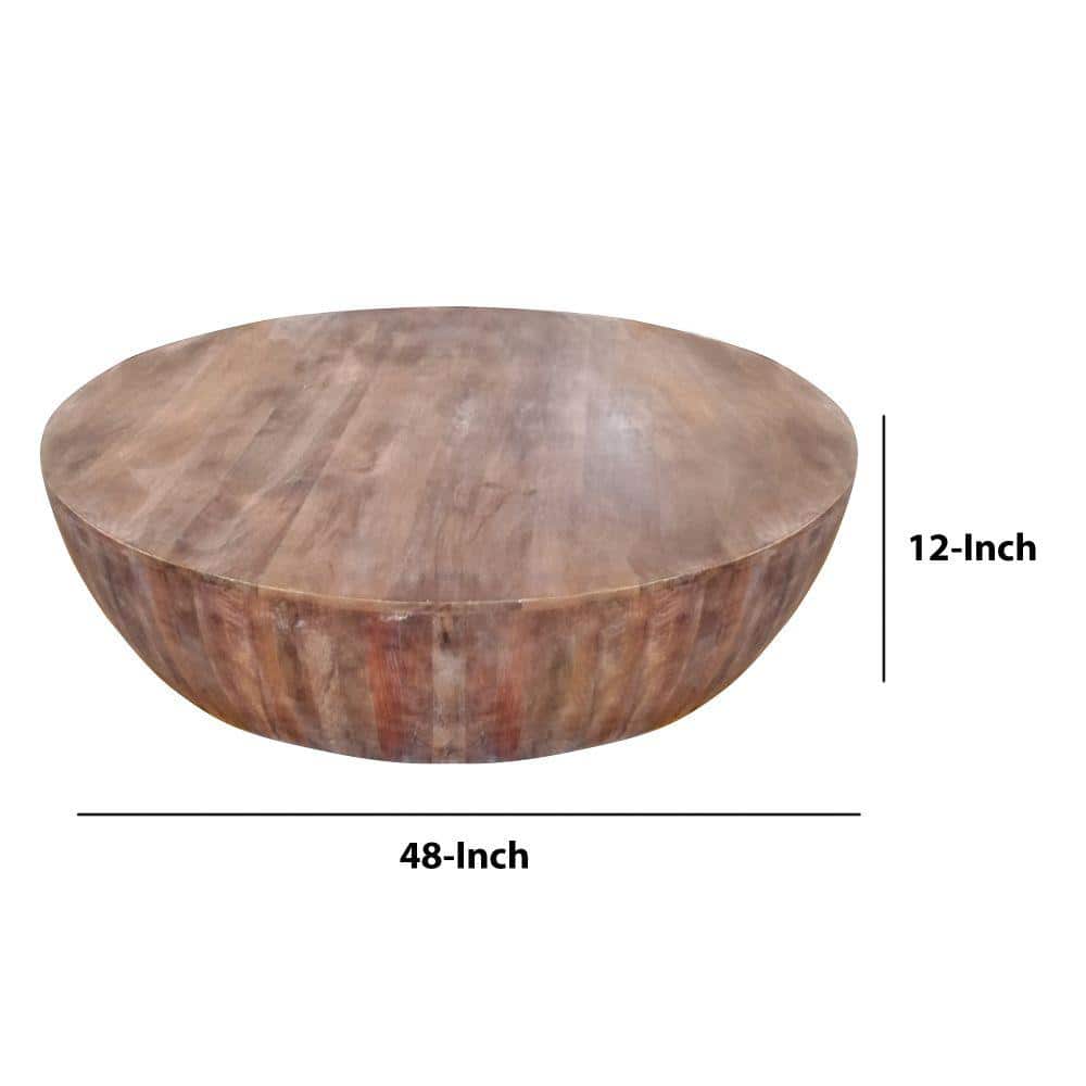 Rustic Drum-Shape Handcarved Mango Wood Coffee Table, Raw Brown