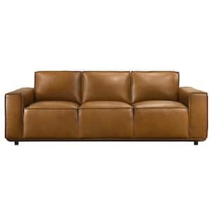 Henneck 90 in. Square Arm Genuine Leather Rectangle Luxury Sofa in Tan Brown