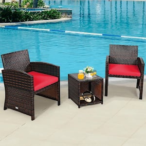 3-Piece Wicker Patio Conversation Set with Soft Red Cushion and Coffee Table for Backyard Poolside Garden