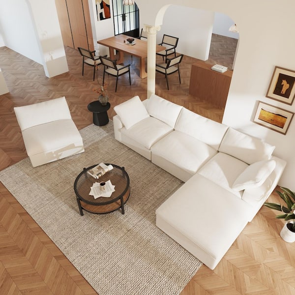 Modular Oversized Cloud Couch 5-Piece White Linen Convertible Living Room Set Sofa with Ottoman and Washable Covers