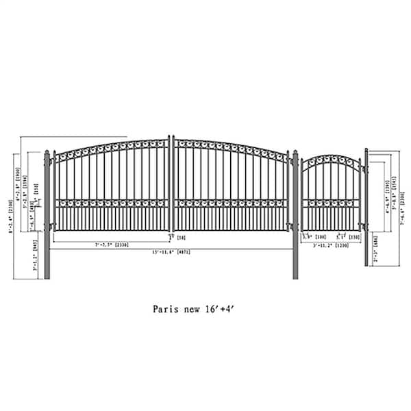 ALEKO 21 ft. x 6 ft. Black Steel Dual Swing Driveway Gate Paris Style 16 ft. with Pedestrian Gate 5 ft. Fence Gate