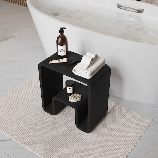 VANITYFUS 9.06 in. W Concave Solid Surface Artistic Shower Stool Free-standing Waterproof Vanity Seat in Matte Black