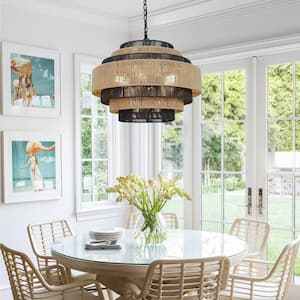 Luster Boho 24 in. 6-Light 7-Tier Hand Woven Rattan Pendant Chandelier Light with Large Shade and Black Finish