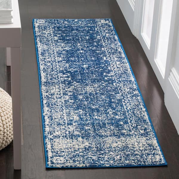 Evoke Navy/Ivory 2 ft. x 5 ft. Distressed Floral Speckles Runner Rug
