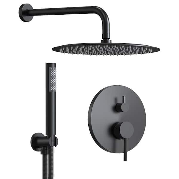 GRANDJOY Pressure Balance 2-Spray Wall Mount 10 in. Fixed and Handheld Shower Head 2.5 GPM in Matte Black