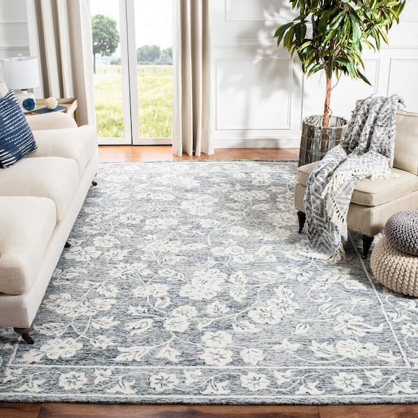 Capri Blue/Ivory 8 ft. x 10 ft. Border Scroll Floral Area Rug