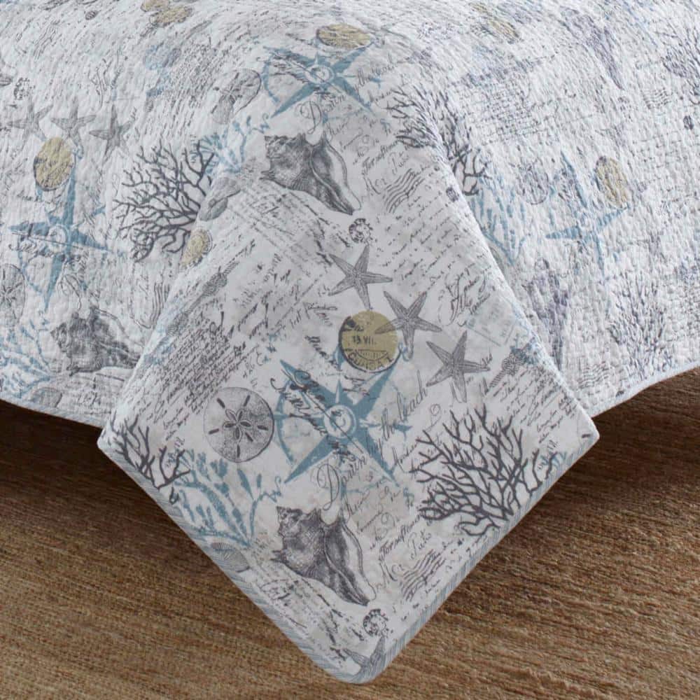 Coastal Charm Twin Cotton Quilt Set in Gray, Reversible with Sea Motifs