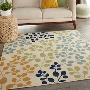 Caribbean Ivory 5 ft. x 5 ft. Square Floral Contemporary Indoor/Outdoor Patio Area Rug