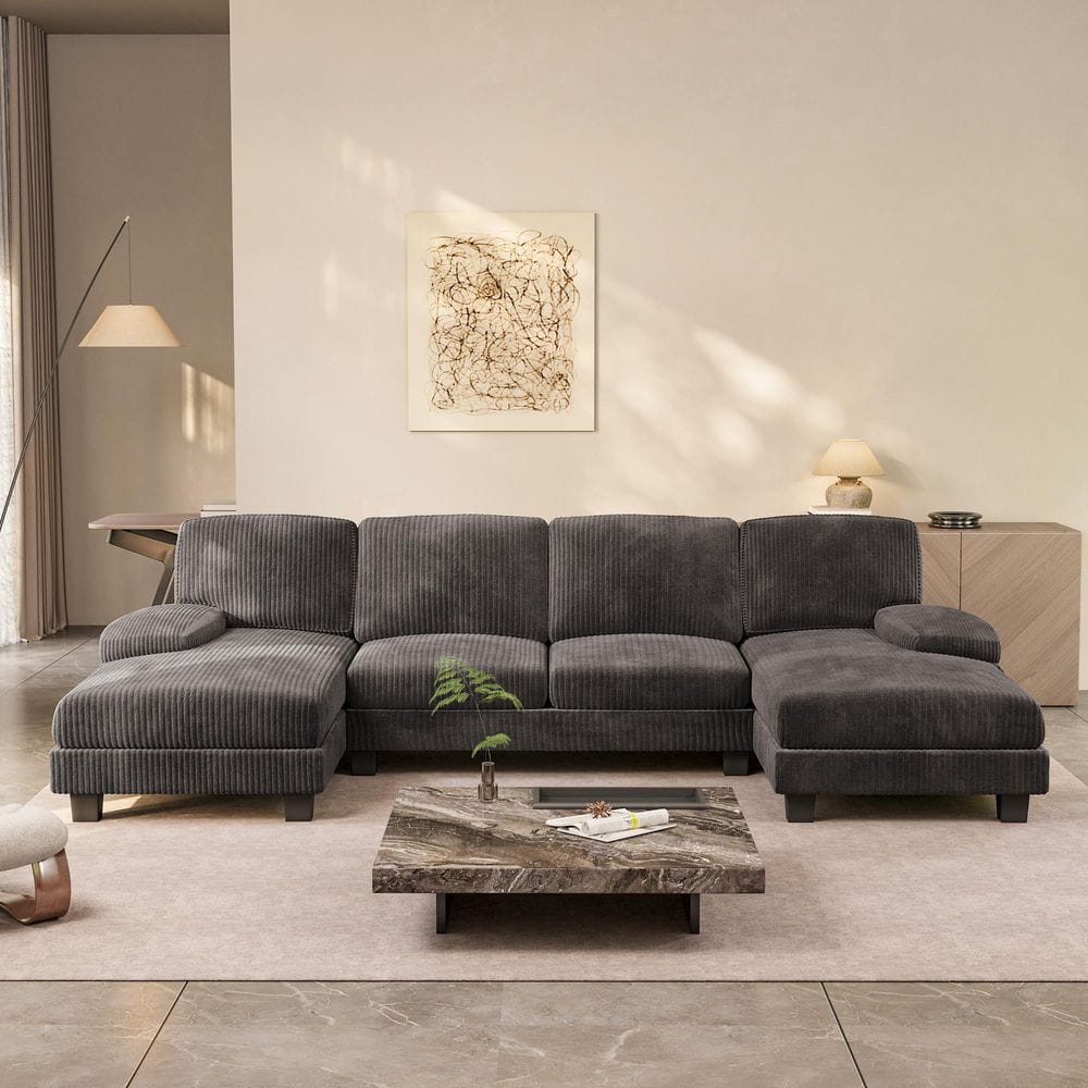 Sectional Couches 105.9" in Square Arm U Shaped Couch with Corduroy, Modern Sofa with Double Chaise for Linving Room