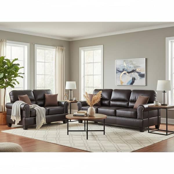 82 in. Round Arm Faux Leather Rectangle Sofa and Loveseat Set in Espresso Brown