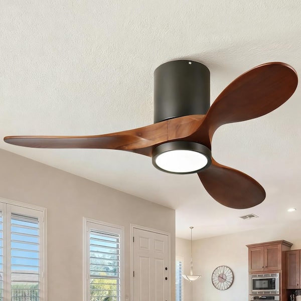 42 in. Modern Black Solid Wood Brown Flush Mount Standard Ceiling Fan with 3-Color Dimmable LED Light, APP and Remote