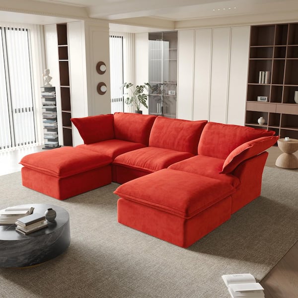 J&E Home 122.8 in. Flared Arm 5-Piece Linen Down-Filled Deep Seat Modular Free Combination Sectional Sofa with Ottoman in. Red