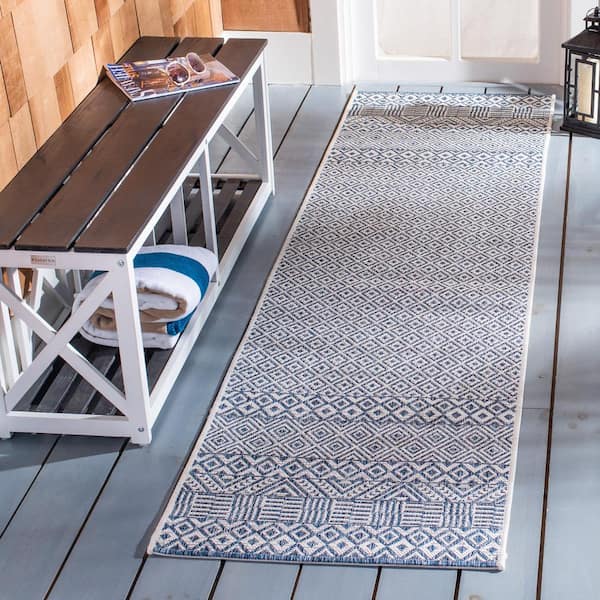 Courtyard Blue/Navy 2 ft. x 12 ft. Geometric Diamond Indoor/Outdoor Patio  Runner Rug
