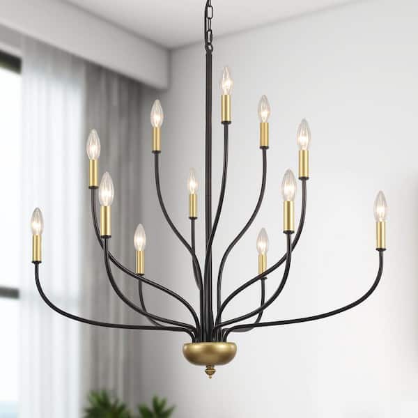 12-Light Black and Gold Candlestick Hanging Island Linear Chandelier Lighting Fixture for Kitchen Island